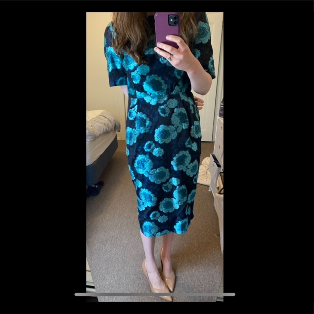 Asos light blue/ dark blue floral jacquard pencil midi dress